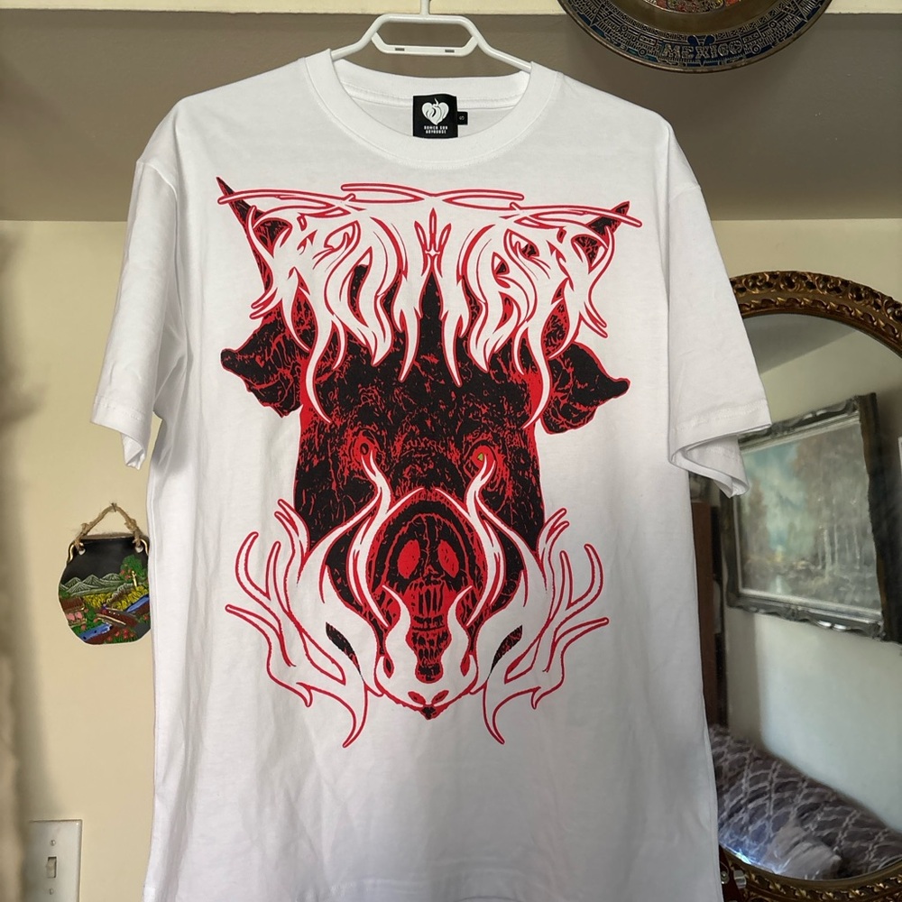 Rotten Sun Arthouse Metal Logo Tee – Red/Black Graphic Small (oversized)